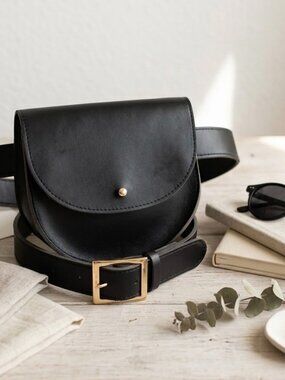 Minimalist Black Vegan Leather Belt Bag - Small Saddle Fanny Pack